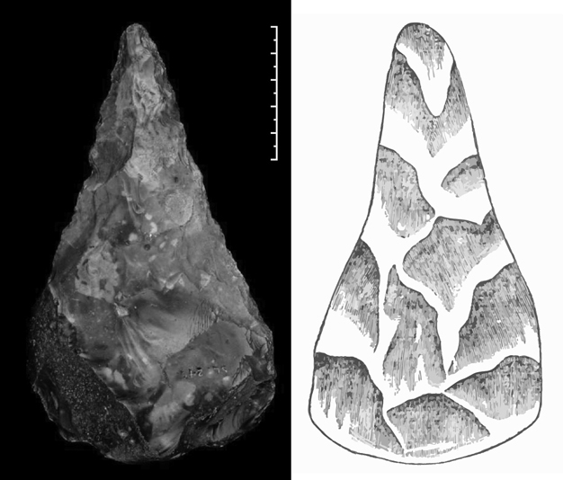 Photo of a brown chipped-stone tool, shaped like a lance-head, next to crude pen and ink drawing of the same object.
