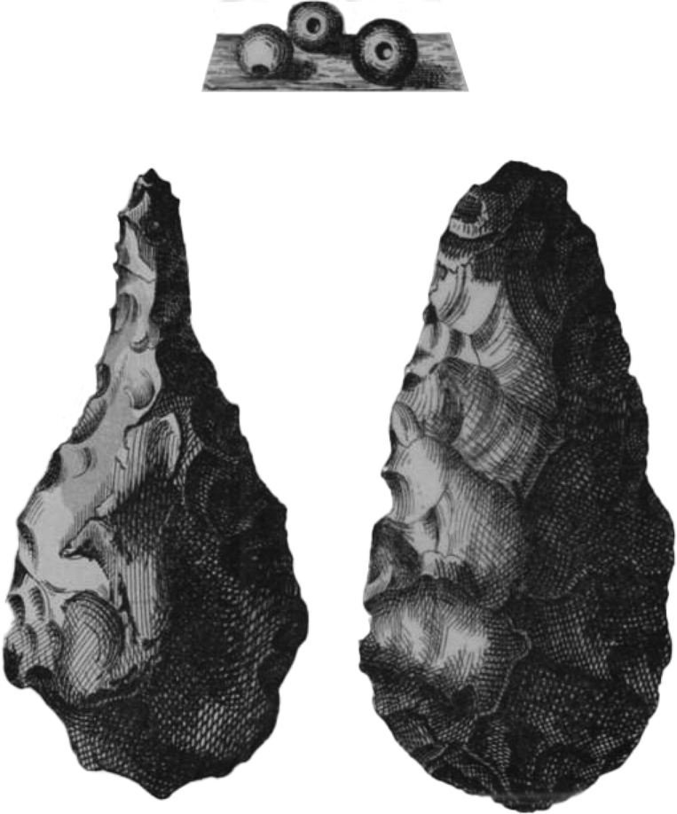 Drawing of two bifacial tools, and three small stone spheres with natural perforation.