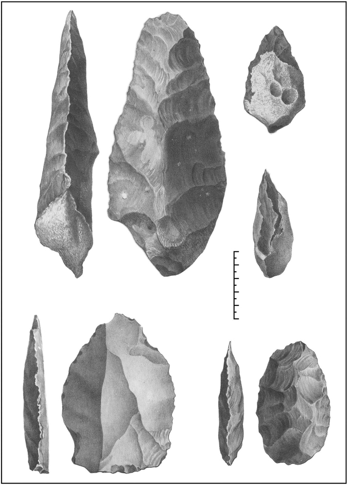 Line drawings of bifacially-chipped stone tool and a flake, as used by Evans to illustrate his paper.