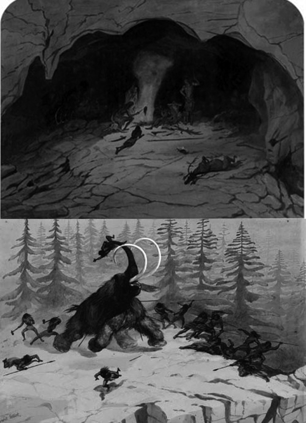 Two Watercolor Drawings. One of stone age people huddled around a fire in a cave, a hunted deer lying nearby; the other stoe age people hunting a wooly mammoth near a cliff edge.