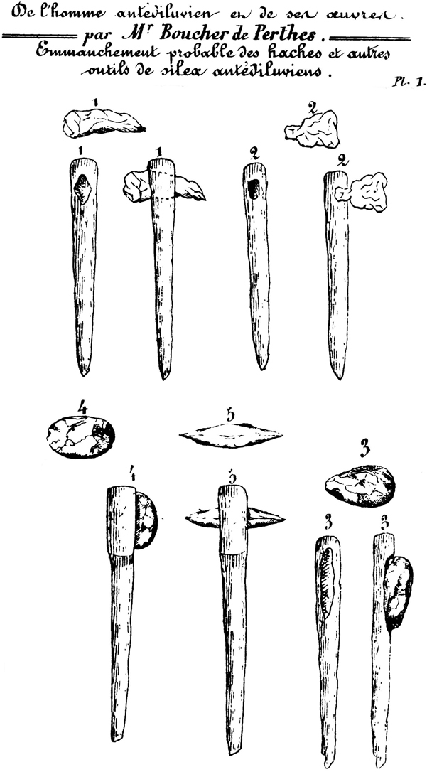 Line drawing showing different ways in which a biface could be hafted of shafted.