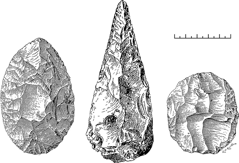Drawing of two bifaces of different form and manufacture.