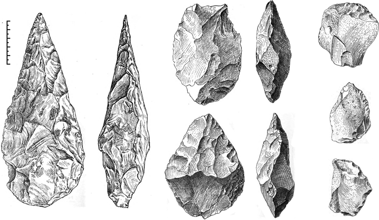 Drawing of bifaces and other paleoliths.