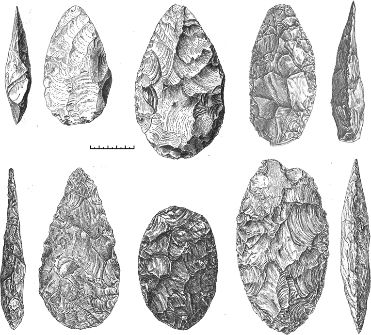 Drawing of six bifaces of different shape and manufacture, representative of different stages of the Acheulean.