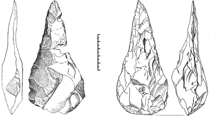Two handaxes from Terrace C Farnham, of the same shape and size but of different thickness.