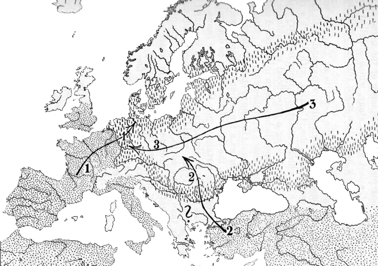Map of Europe showing distribution of different stone tool industries and their possible migration routes.