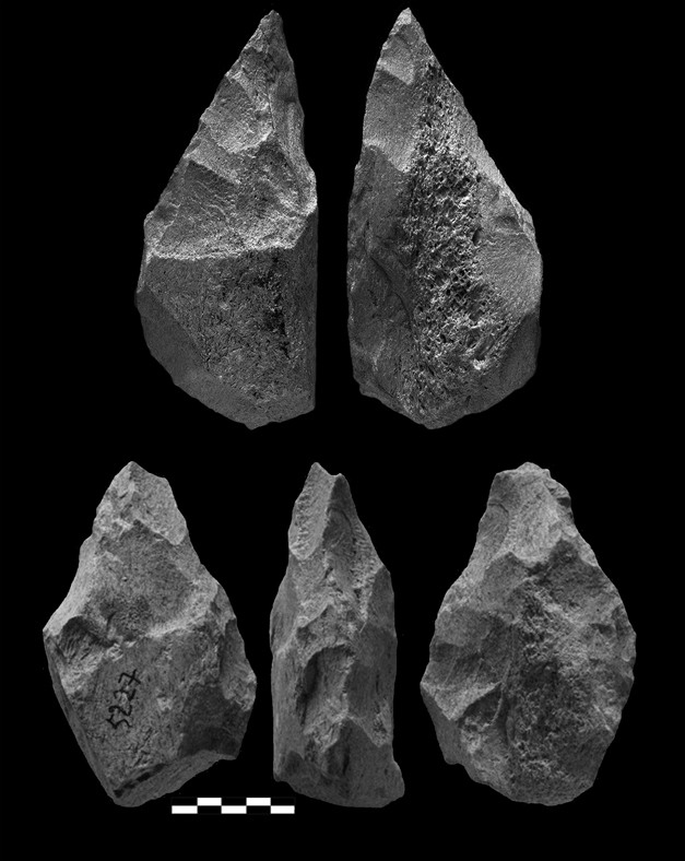 Two bifaces, made of bone but otherwise identical to stone forms.