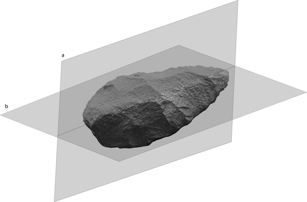 Photo of a handaxe showing the bifacial and bilateral planes.