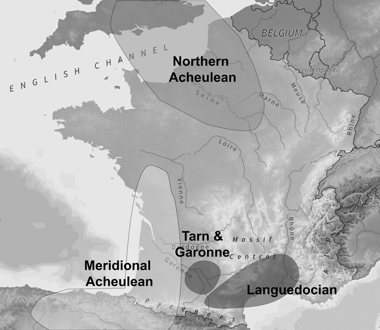 Map of Europe showing the Northern Acheulean, Southern Acheulean, Languedocian and Tarn industries.