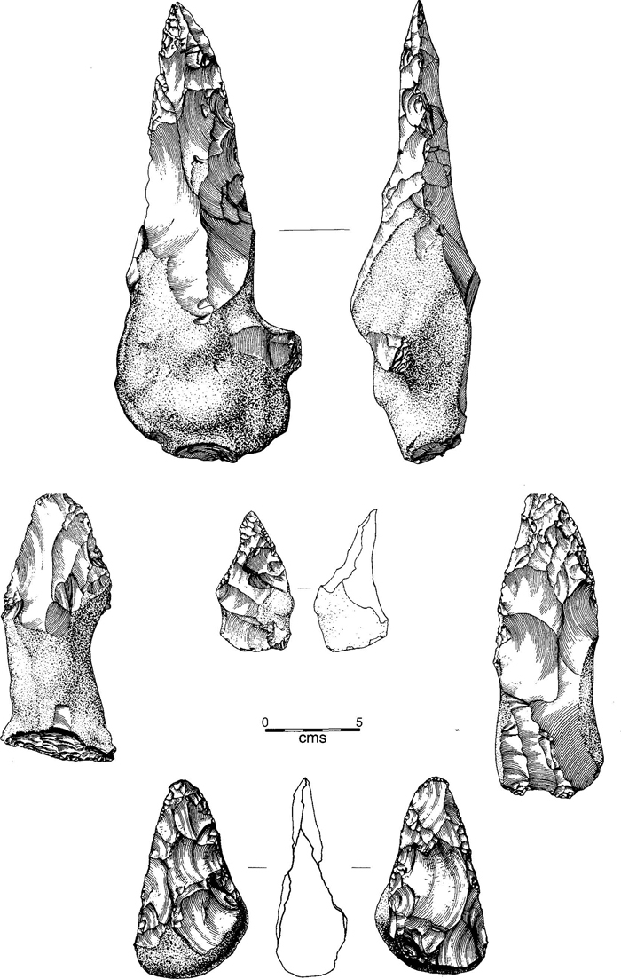 Drawings of handaxes from Cuxton made on well-chosen elongated pebbles highly suited to handaxe production