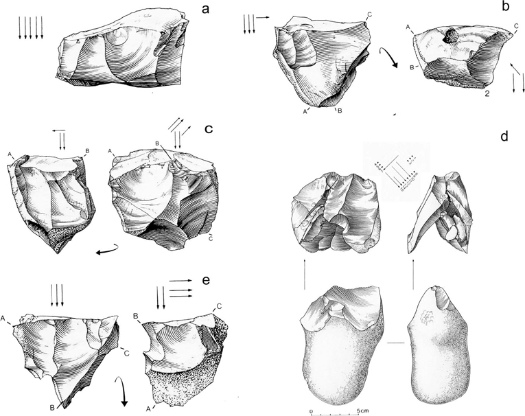 Schemetic diagram showing the limited methods for working cores in the Lower Palaeolithic, without recourse to Levallois.