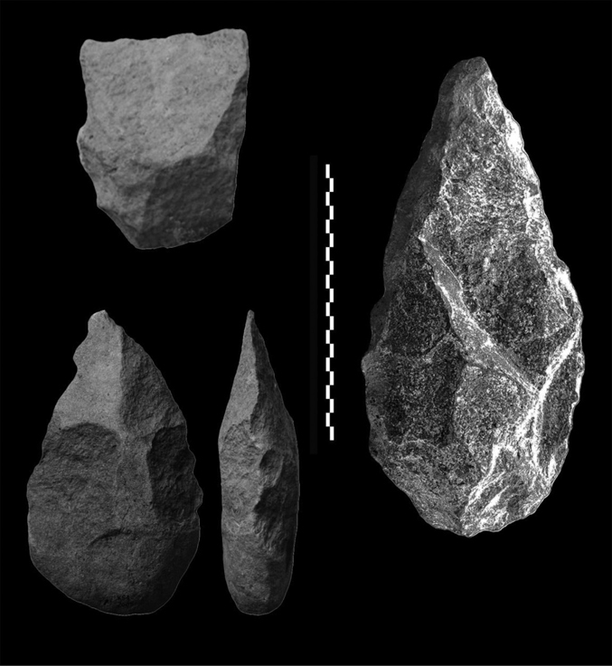 A montage of three very early large cutting tools from Africa