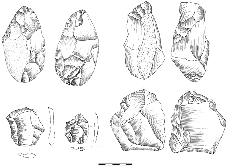 Drawing of proto-Levallois and associated artefacts from France.