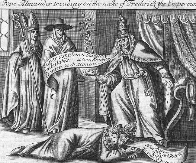 Allegorical picture of Pope Alexander III treading on the neck of Emperor Frederick I Barbarossa. (Hulton-Deutsch Collection/Corbis)