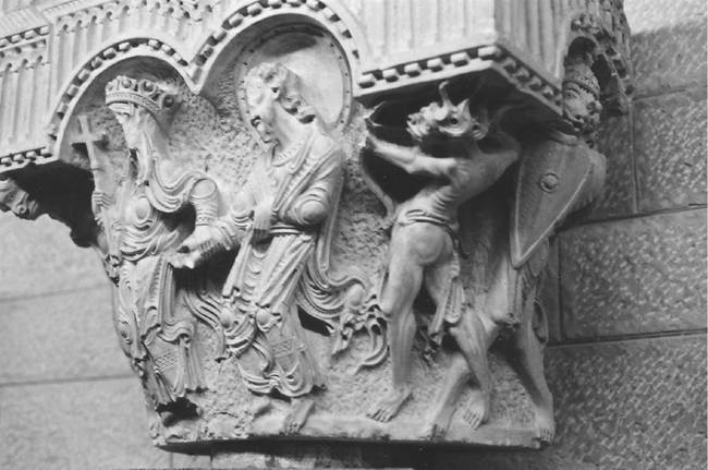 Jesus and His Spouse, the Church, Beset by Devils. A capital for a column at the Church of the Annunciation, Nazareth. This and five other capitals were sculpted in northern France and transported to the East around 1186-1187. Saladin’s victories prevented their being placed in the church. They were hidden away for safety and uncovered in the 1950s. (Courtesy Alfred Andrea)
