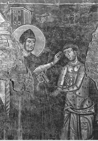 St. Benedict healing a leper, Rome, eleventh century. (Scala/Art Resource)