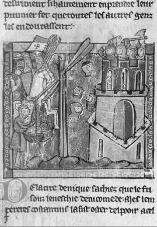 Crusaders bombard Nicaea with heads in 1097, from the History of William of Tyre, thirteenth century. (Bibliothèque nationale de France, Paris/Bridgeman Art Library)