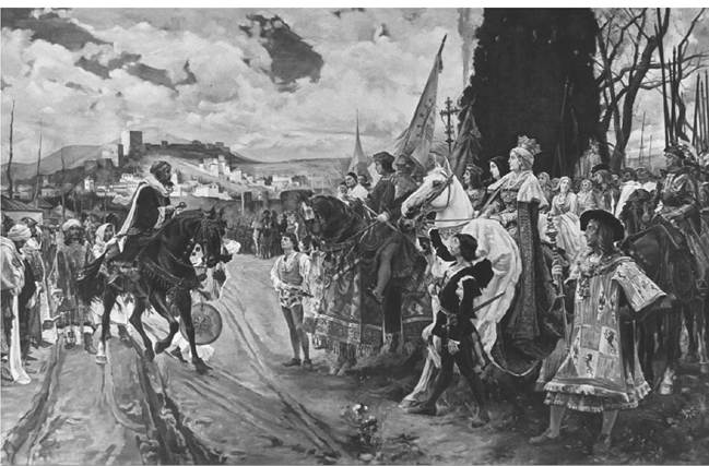King Muhammad XII (Boabdil) hands over keys of the city to the Catholic monarchs, 1492. (Snark/Art Resource)