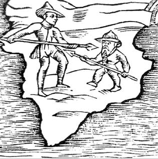 European and pygmy fighting on Greenland. Detail from the map Carta Marina, by Olaus Magnus (1539). (Courtesy Janus Moller Jensen)