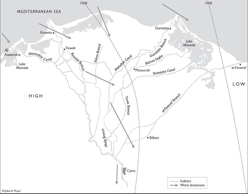 The Nile delta ca. 1200 with mean average barometric pressure and wind directions in July The Nile delta ca. 1200 with mean average barometric pressure and wind directions in July