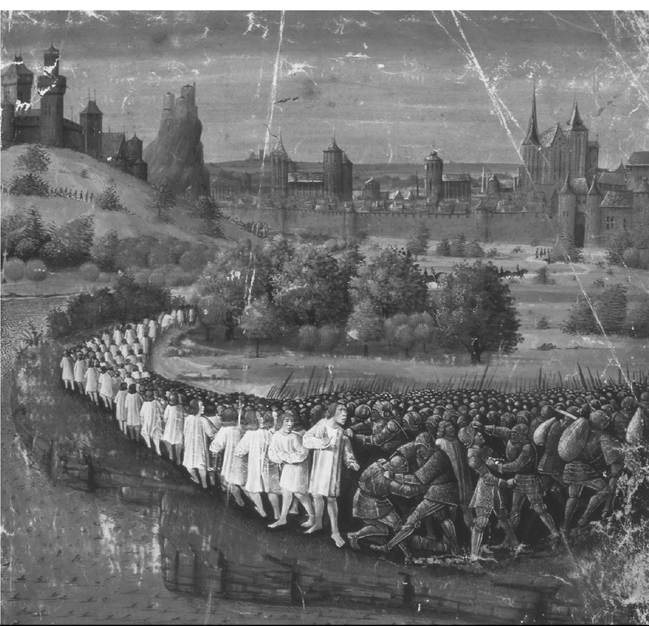 Crusaders of Peter the Hermit are massacred by Turks in a surprise attack. From Passages Faits Outremer, c.1490. (Snark/Art Resource)