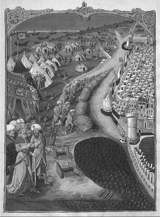 The Grand Vizier of Mehmed II conducting Turkish operations during the Siege of Rhodes (1480-1481). From Histoire du Siege de Rhodes (Descriptio Obsidionis Rhodiae urbis), by Guillaume Caoursin, c. 1483-1490. Ms.lat. 6067, f.50 v., Bibliothèque nationale de France, Paris, France. (Snark/Art Resource)