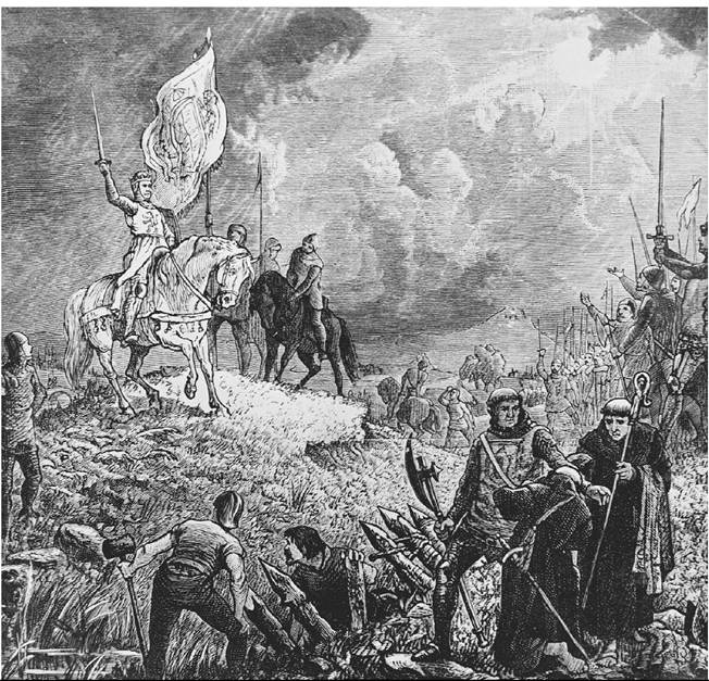 King Robert Bruce encouraging his troops before the Battle of Bannockburn (June 23, 1314). (Bettmann/Corbis)