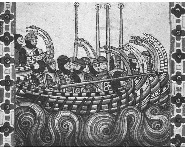Thirteenth-century warships. Illustration from the Cantigas de Santa Maria, by King Alfonso X of Castile. (Bridgeman- Giraudon/Art Resource) Thirteenth-century warships. Illustration from the Cantigas de Santa Maria, by King Alfonso X of Castile. (Bridgeman- Giraudon/Art Resource)