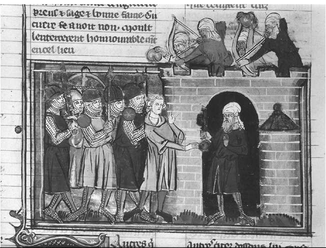 Capture of Tarsos by Tancred during the First Crusade. illustration from the Roman de Godefroi de Bouillon, MS Paris, Bibliothèque nationale de France, fr.22495, fo. 32v. (1337). (Giraudon/Art Resource) Capture of Tarsos by Tancred during the First Crusade. illustration from the Roman de Godefroi de Bouillon, MS Paris, Bibliothèque nationale de France, fr.22495, fo. 32v. (1337). (Giraudon/Art Resource)