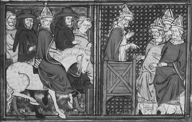 The arrival of Pope Urban II in France, from the Roman de Godefroi de Bouillon, 1337. (Giraudon/Art Resource)