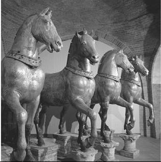 Bronze horses from the fourth century b.c., seized from Constantinople in 1204 and later mounted on the Cathedral of St. Mark, Venice. (Mimmo Jodice/Corbis) Bronze horses from the fourth century b.c., seized from Constantinople in 1204 and later mounted on the Cathedral of St. Mark, Venice. (Mimmo Jodice/Corbis)