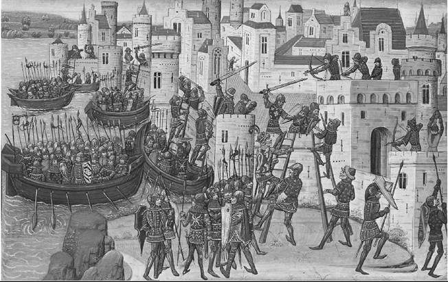 Attack on the city of Tyre. From the History of Alexander the Great, fifteenth century. MS Paris, Musée du Petit Palais, Dutuit 456, fo. 58 v. (Réunion des Musées Nationaux/Art Resource)