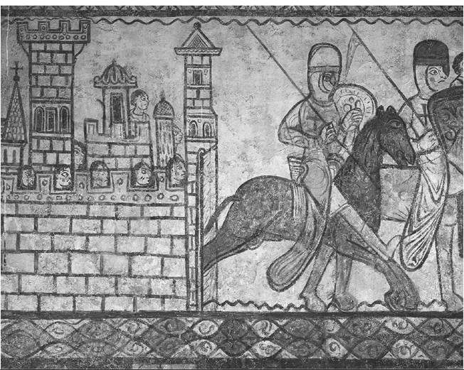Frankish knights before a fortified city. From a twelfth-century fresco in the former Templar church in Cressac, France. (The Art Archive/Templar Chapel Cressac/Dagli Orti)